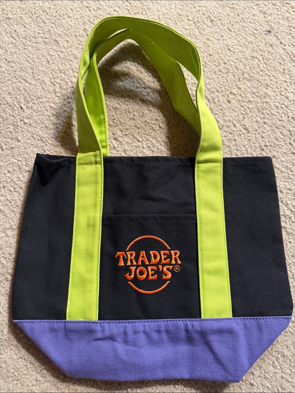 Trader Joe's Black Canvas Tote with Lime Green Handles & Purple Base